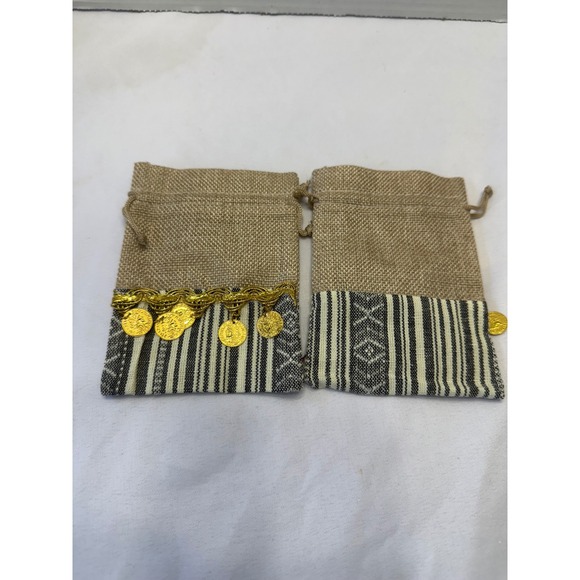 Set of 12 Henna Jute Drawstring Pouches with Decorative Coins and Colorful Trim - Picture 11 of 12